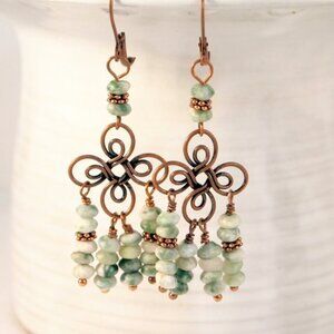 Tree Agate Chandelier Earrings Copper Dangle Pierced or Clip-on Earrings
